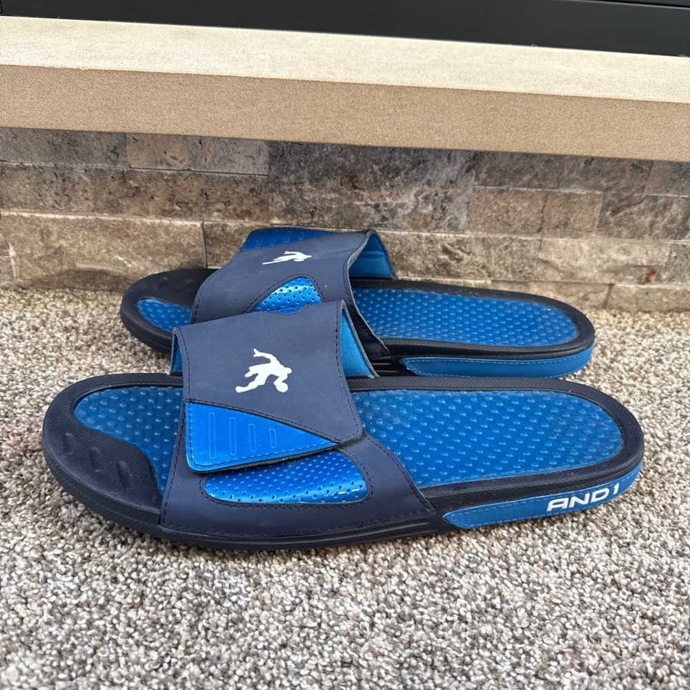 AND1 Men's USA Size 14 Blue Slide Sandals EUC Hardly Been Worn!